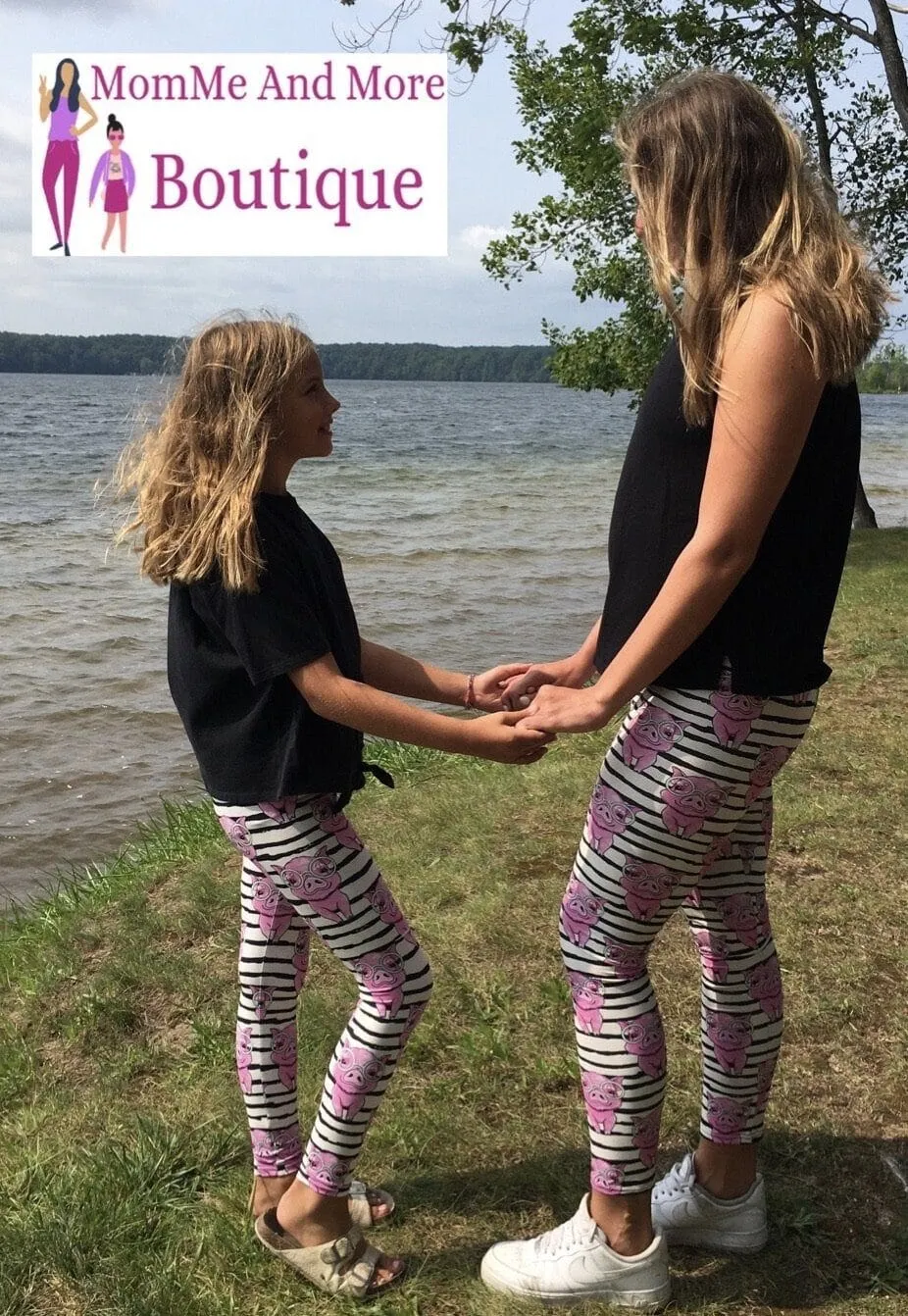 Girls Pig Leggings, Kids Yoga Pants, Sizes S/L, Yoga Waist, Pink/White/Black, Exclusive Leggings