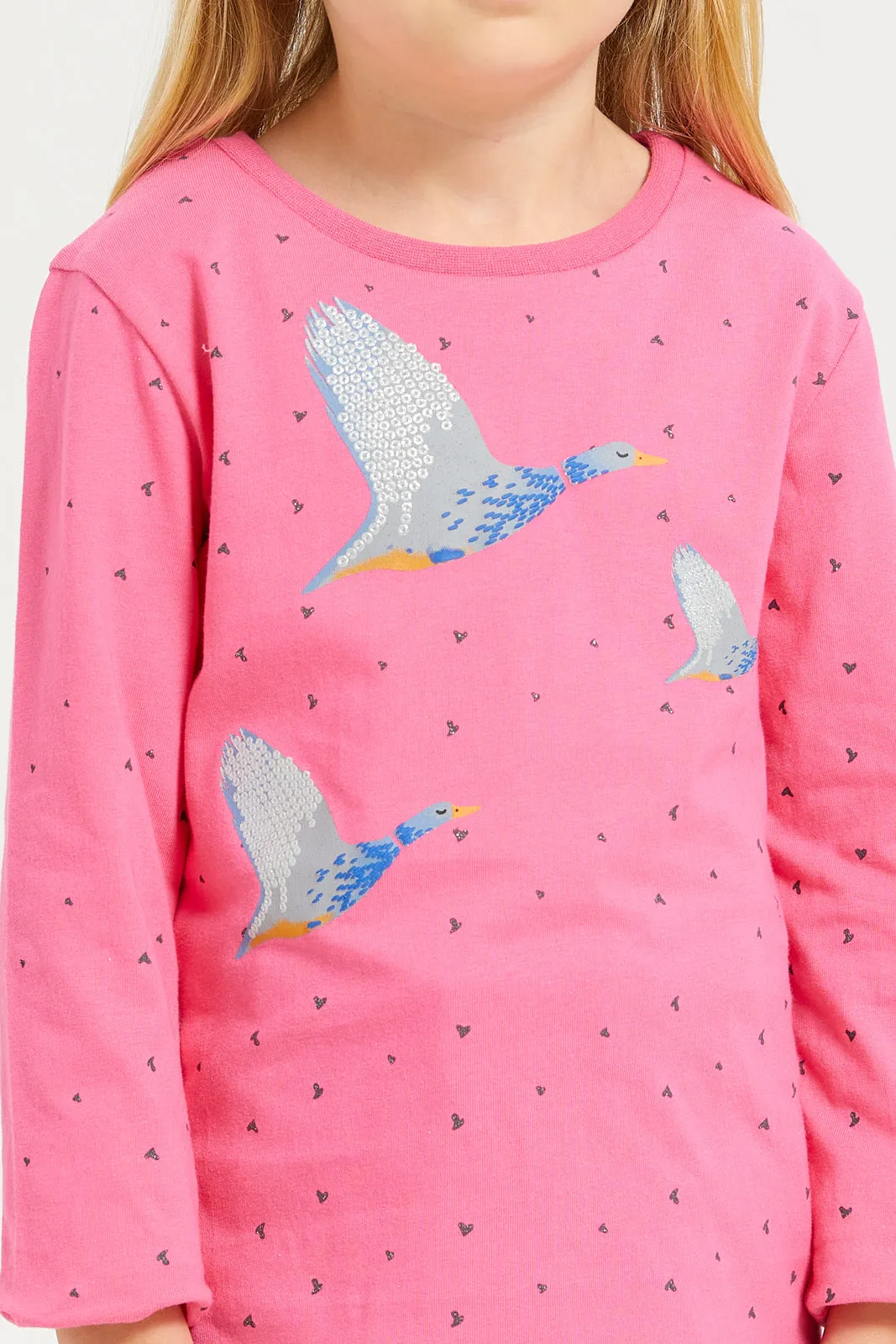 Girls Pink Birds Printed T-Shirt