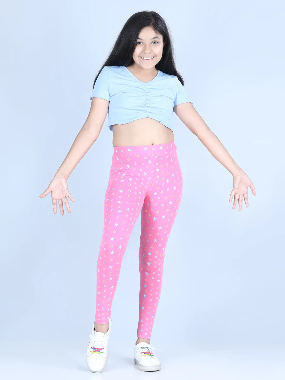 Girl's Star Printed Leggings With Flat Waistband- Pink - Stylestone Kid