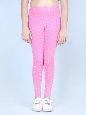 Girl's Star Printed Leggings With Flat Waistband- Pink - Stylestone Kid