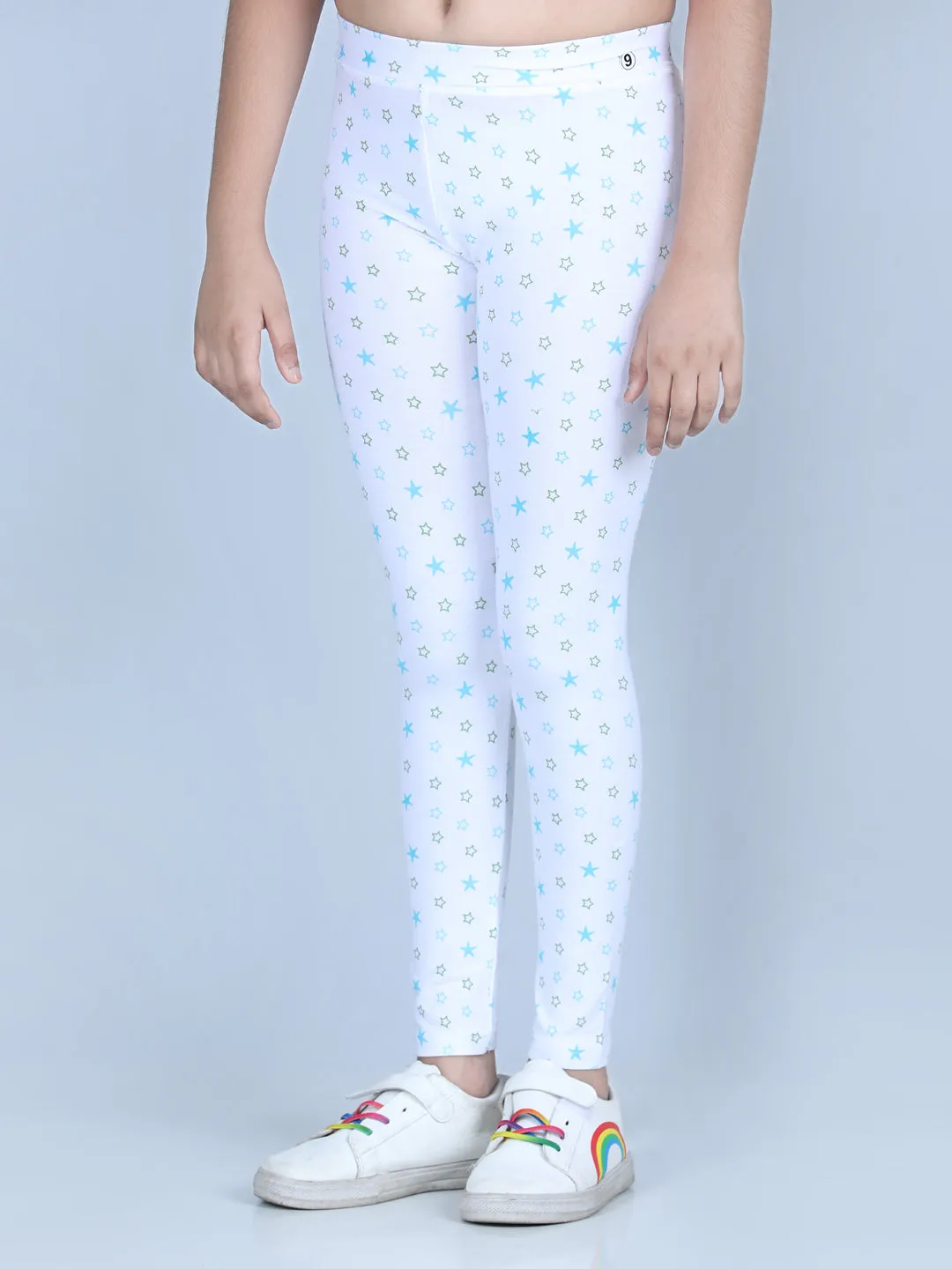 Girl's Star Printed Leggings With Flat Waistband- White - Stylestone Kid