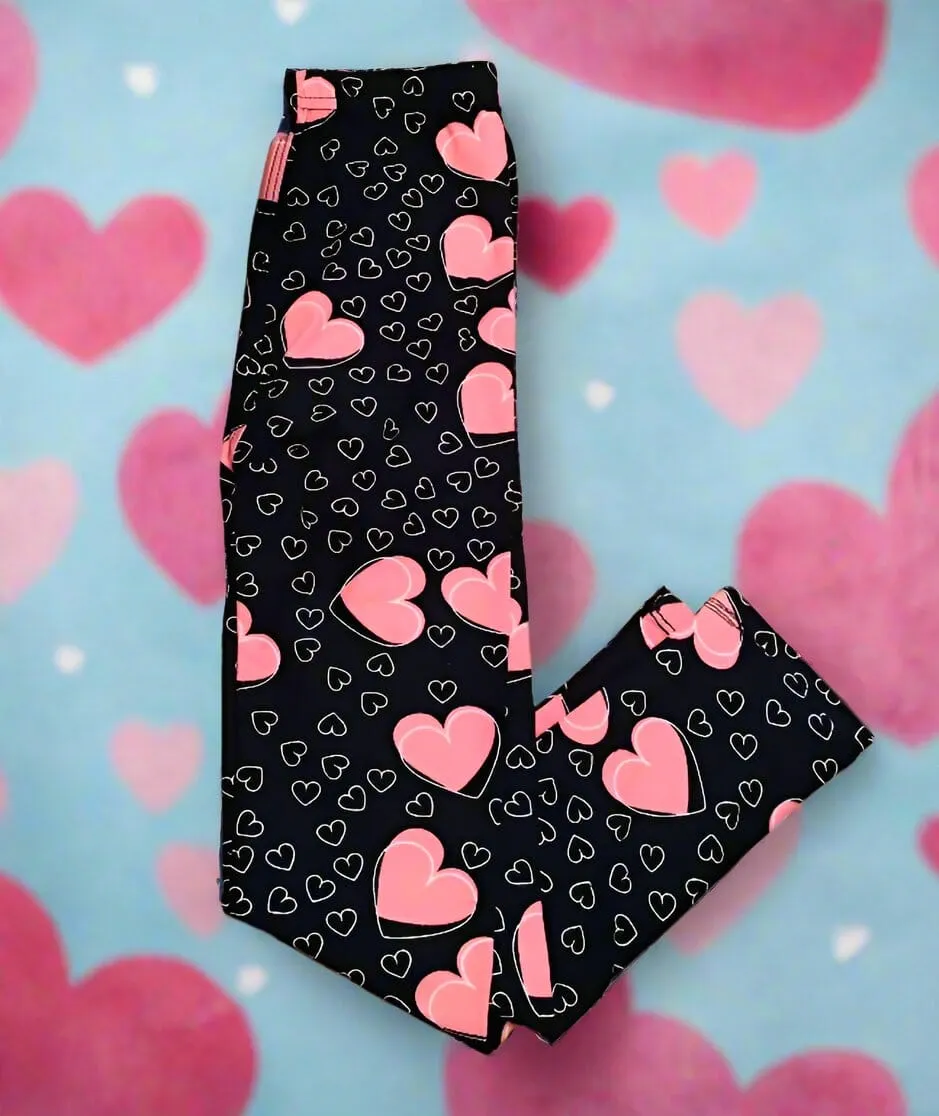 Girls Valentines Day Heart Leggings, Kids Yoga Pants, Sizes S/L, No-Roll Waist, Pink