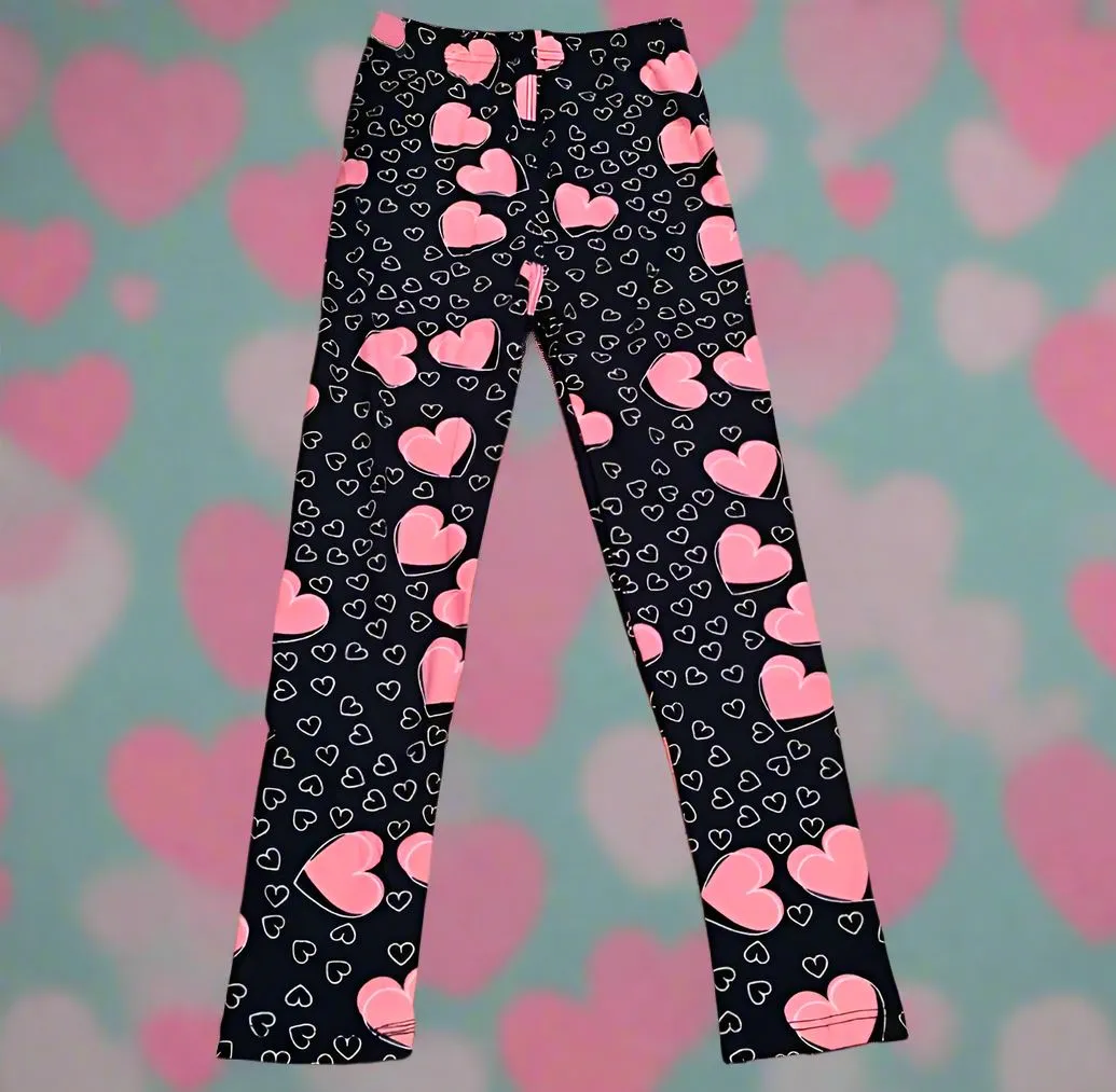 Girls Valentines Day Heart Leggings, Kids Yoga Pants, Sizes S/L, No-Roll Waist, Pink