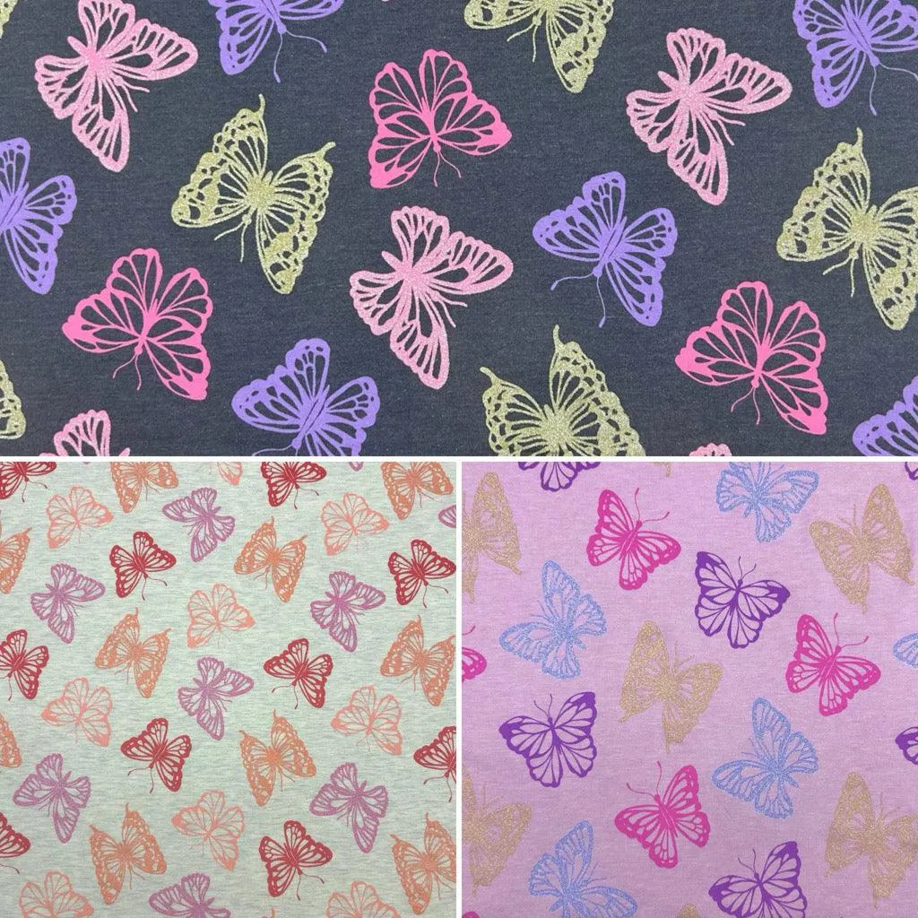 Glitter Butterflies Melange Cotton Jersey Fabric