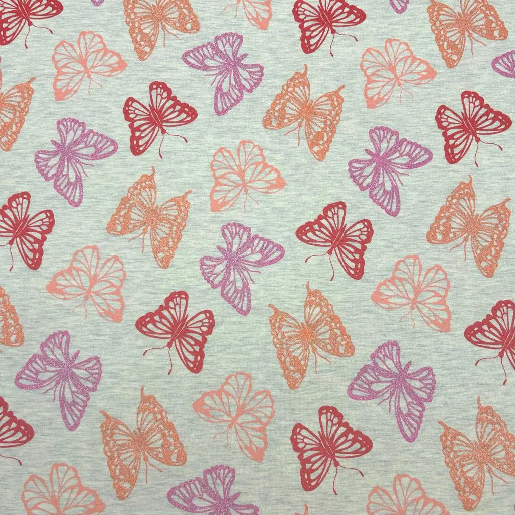 Glitter Butterflies Melange Cotton Jersey Fabric