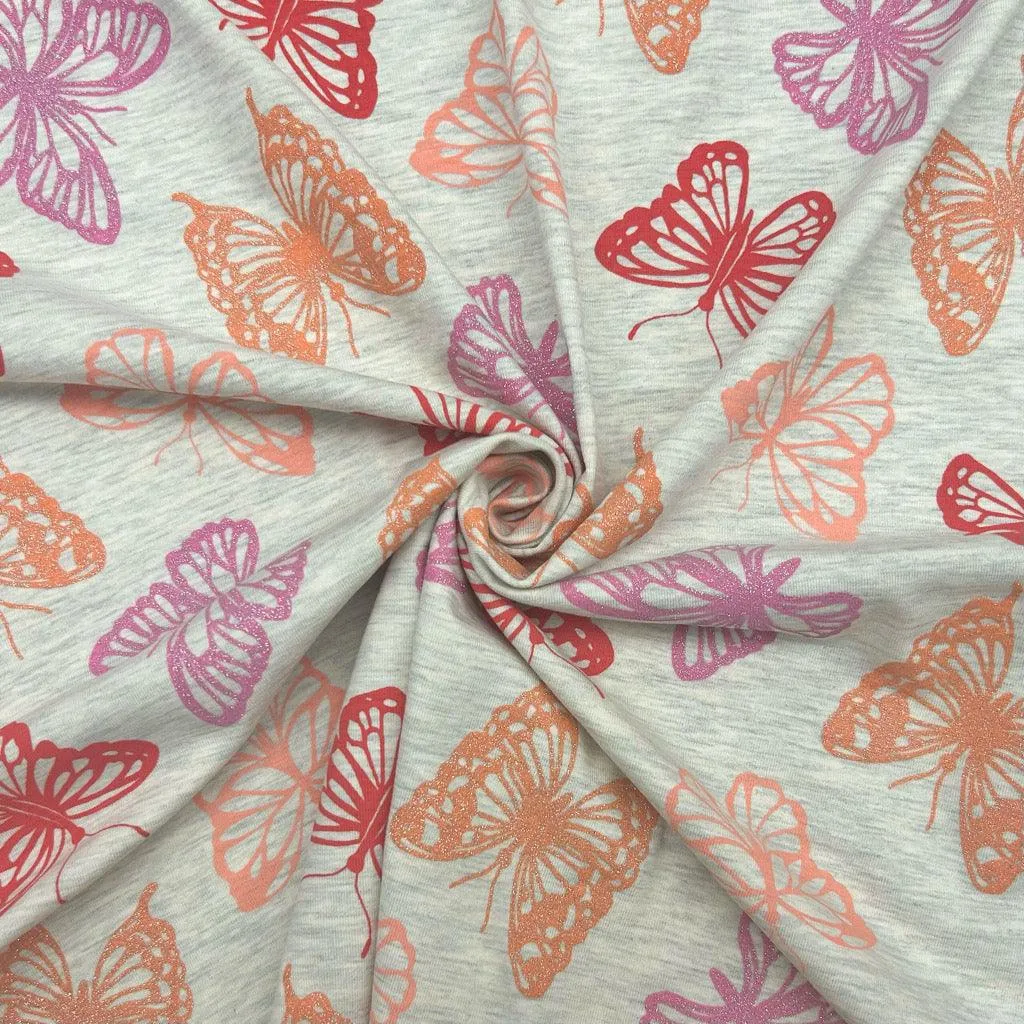 Glitter Butterflies Melange Cotton Jersey Fabric