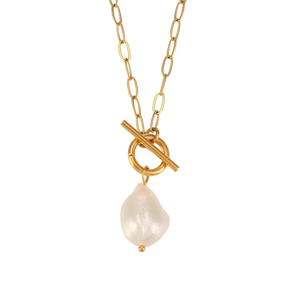 Gold Pearl Toggle Clasp Box Chain Necklace – Minimalist Necklace