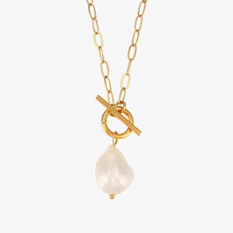 Gold Pearl Toggle Clasp Box Chain Necklace – Minimalist Necklace