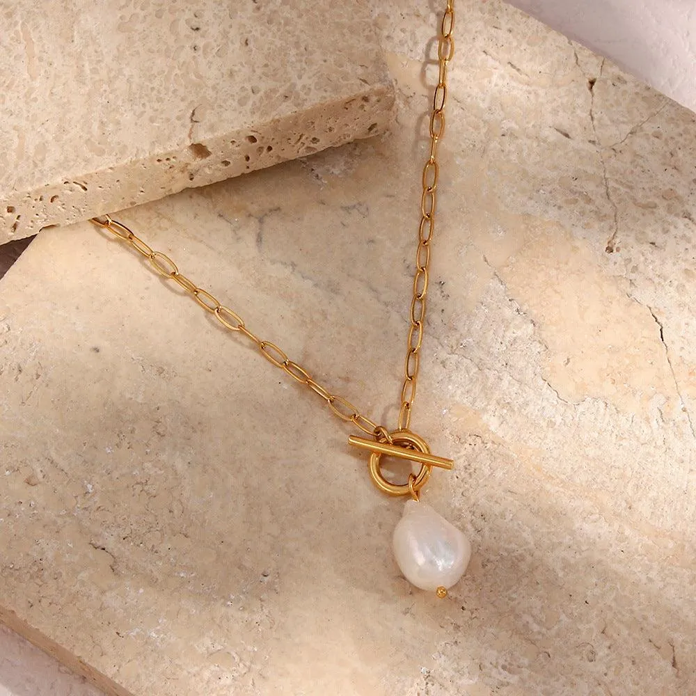 Gold Pearl Toggle Clasp Box Chain Necklace – Minimalist Necklace