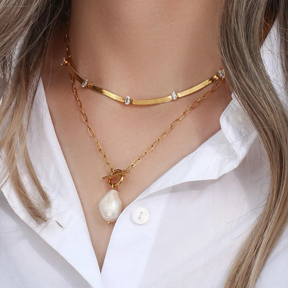 Gold Pearl Toggle Clasp Box Chain Necklace – Minimalist Necklace