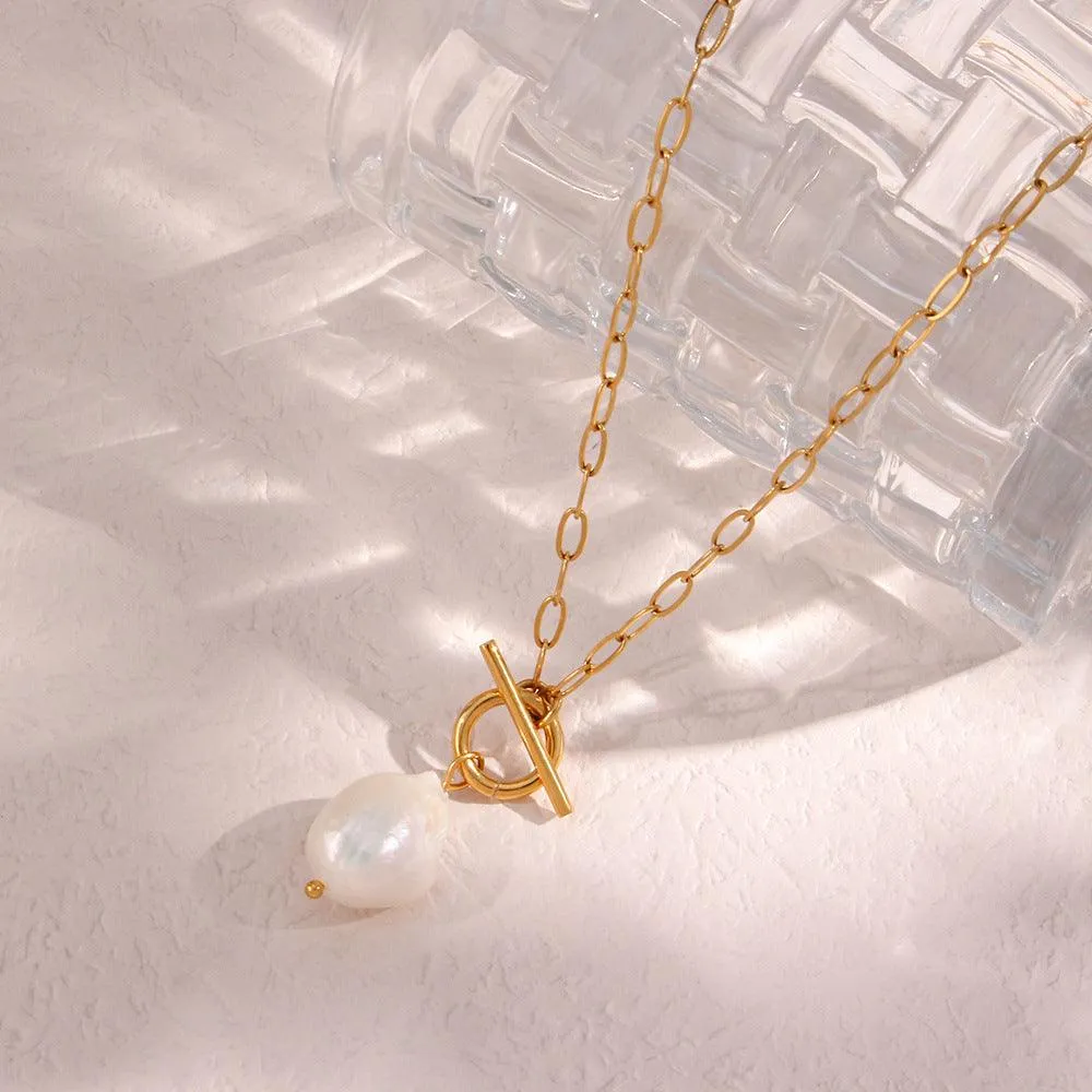 Gold Pearl Toggle Clasp Box Chain Necklace – Minimalist Necklace