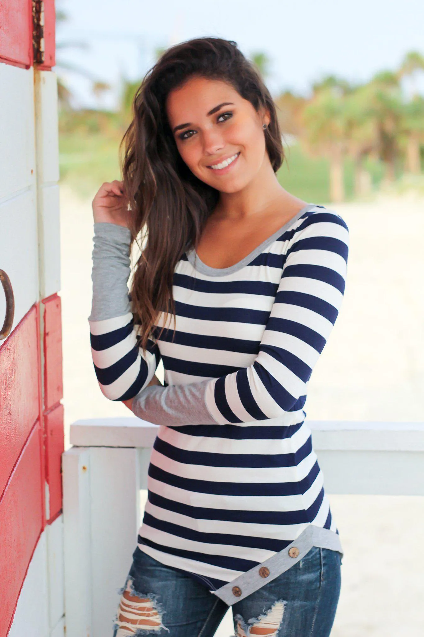 Gray Striped Top With Buttons