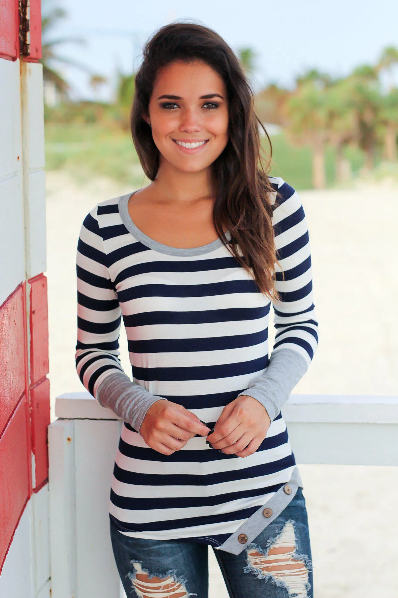 Gray Striped Top With Buttons