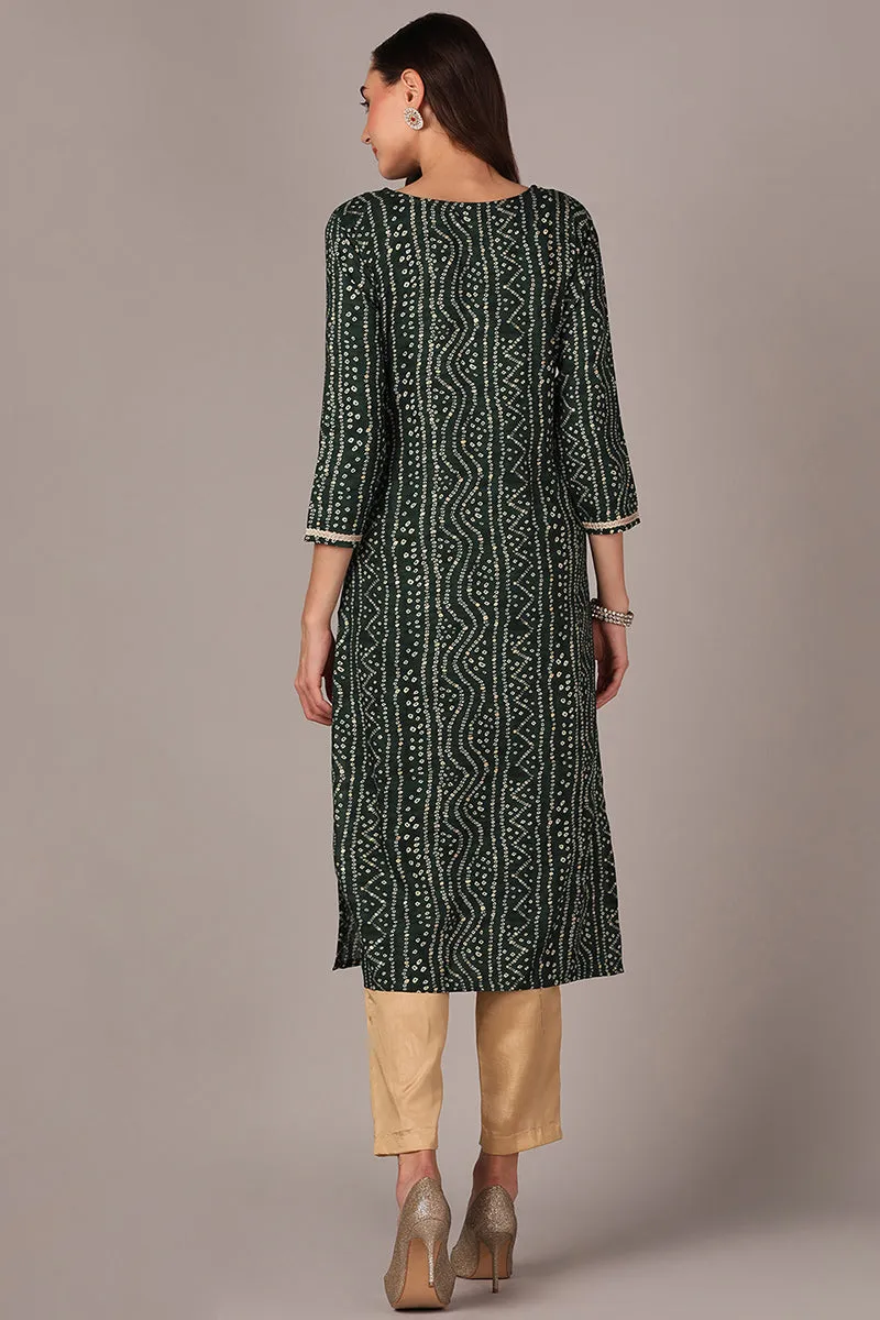 Green Viscose Rayon Bandhani Embroidered Straight Kurta