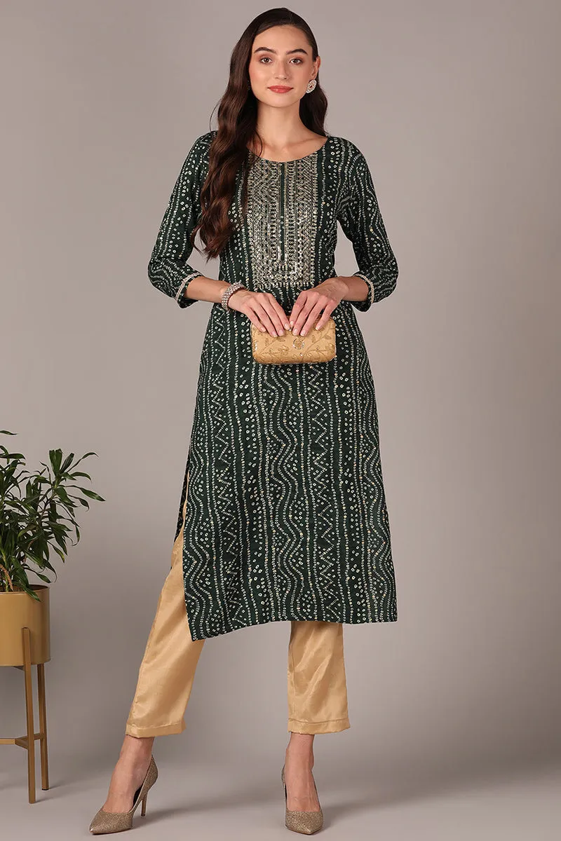 Green Viscose Rayon Bandhani Embroidered Straight Kurta