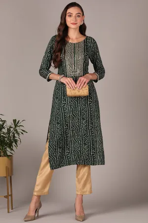 Green Viscose Rayon Bandhani Embroidered Straight Kurta