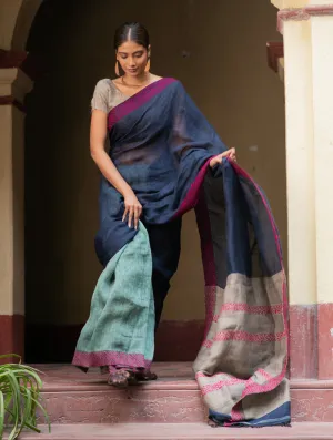 Handwoven Elegance. Exclusive Linen Kantha Patli Saree - Ocean Tones