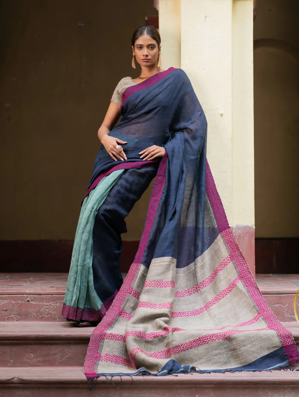 Handwoven Elegance. Exclusive Linen Kantha Patli Saree - Ocean Tones