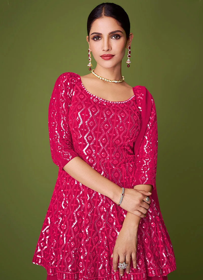 Hot Pink Sequence Embroidered Lehenga Kurti Suit