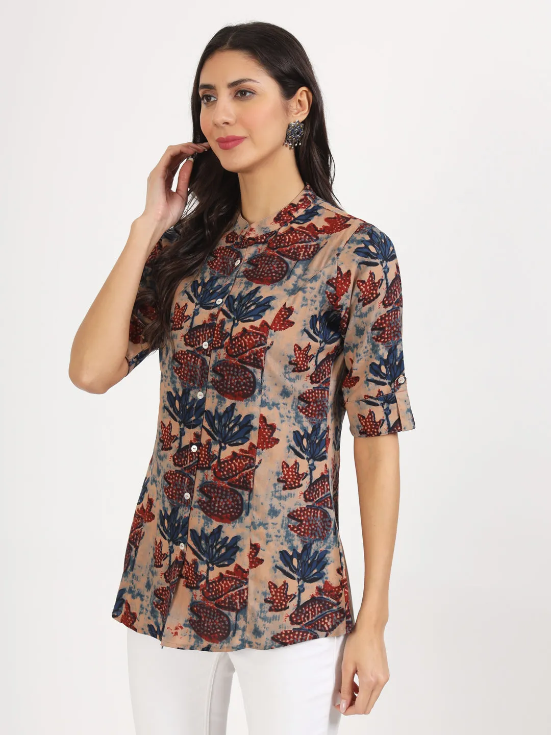 Jashvi Beige Multi Floral Printed Rayon Top