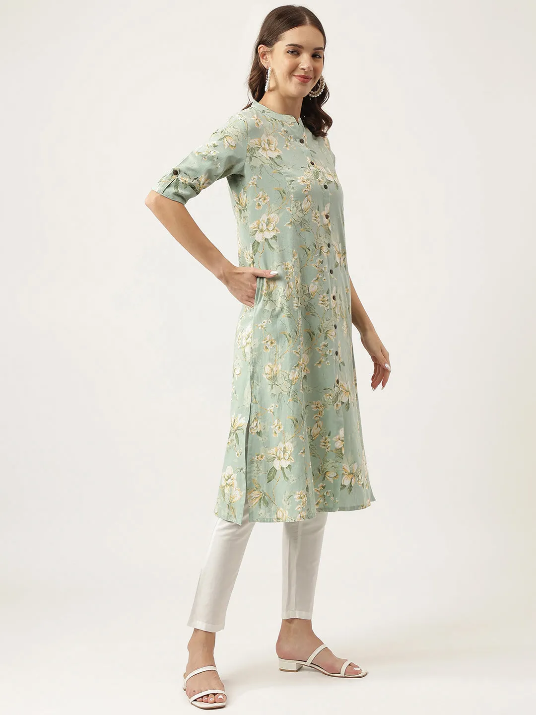 Jashvi Green Cotton Ethnic Motifs Floral Print Kurta