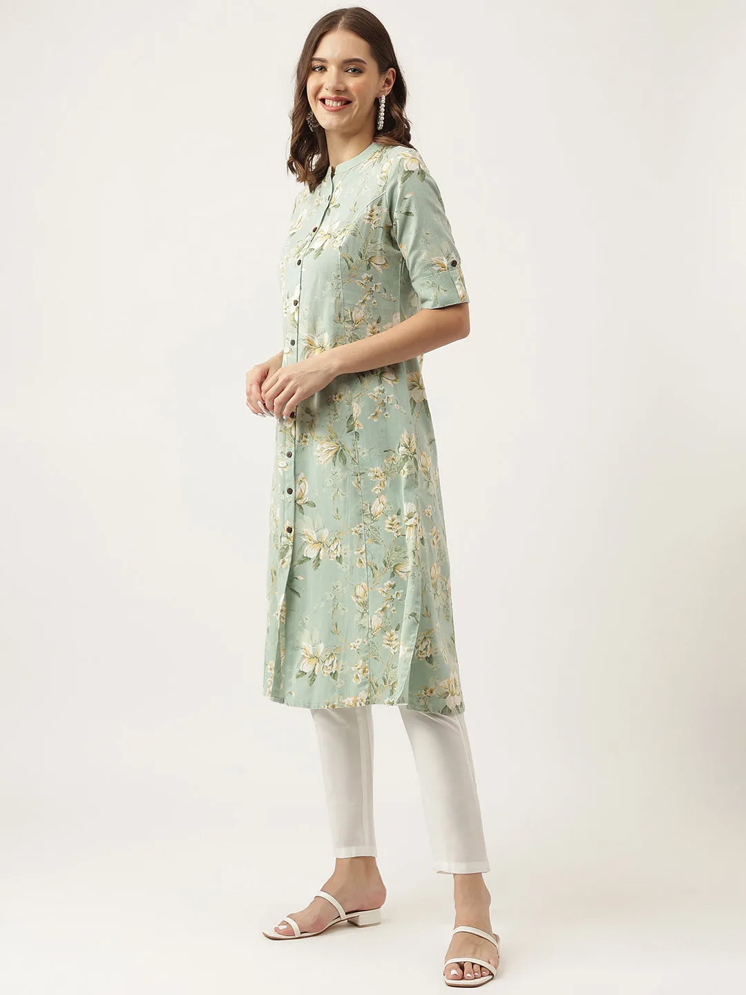 Jashvi Green Cotton Ethnic Motifs Floral Print Kurta