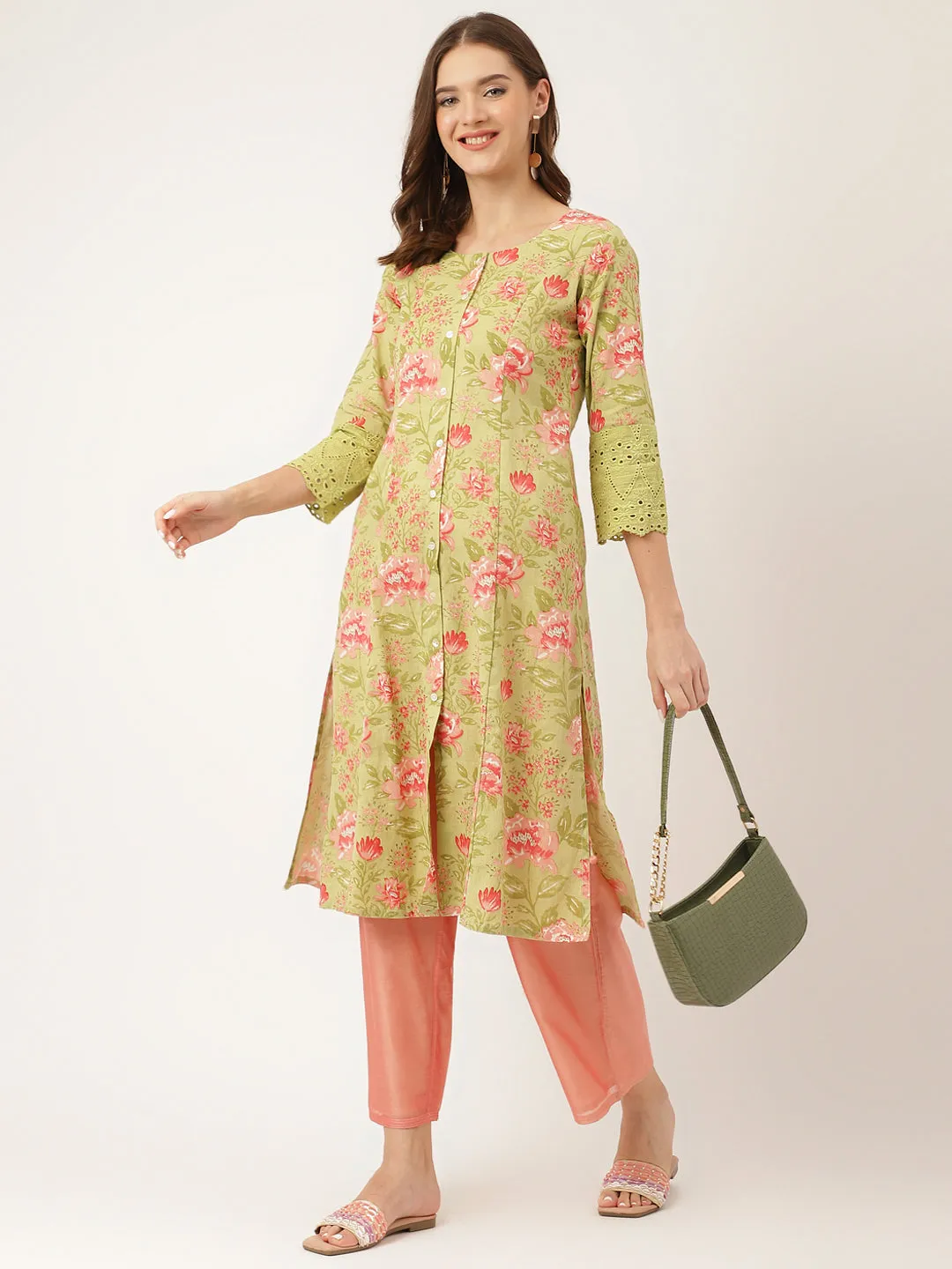 Jashvi Green Floral Print Cotton A-Line Kurta