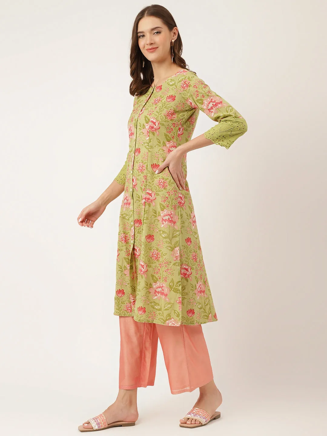 Jashvi Green Floral Print Cotton A-Line Kurta