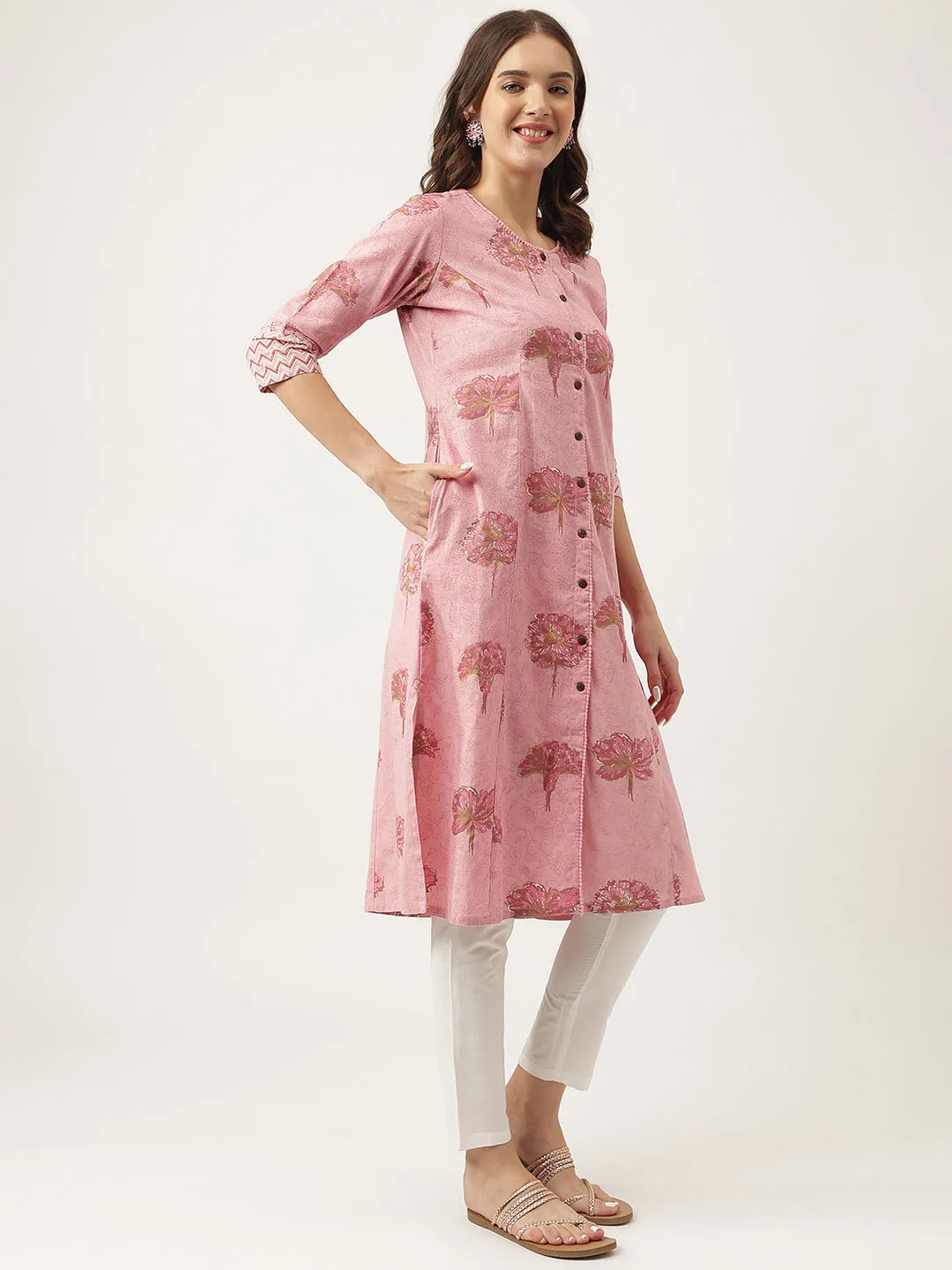 Jashvi Magenta Floral Printed Cotton A-Line Kurta