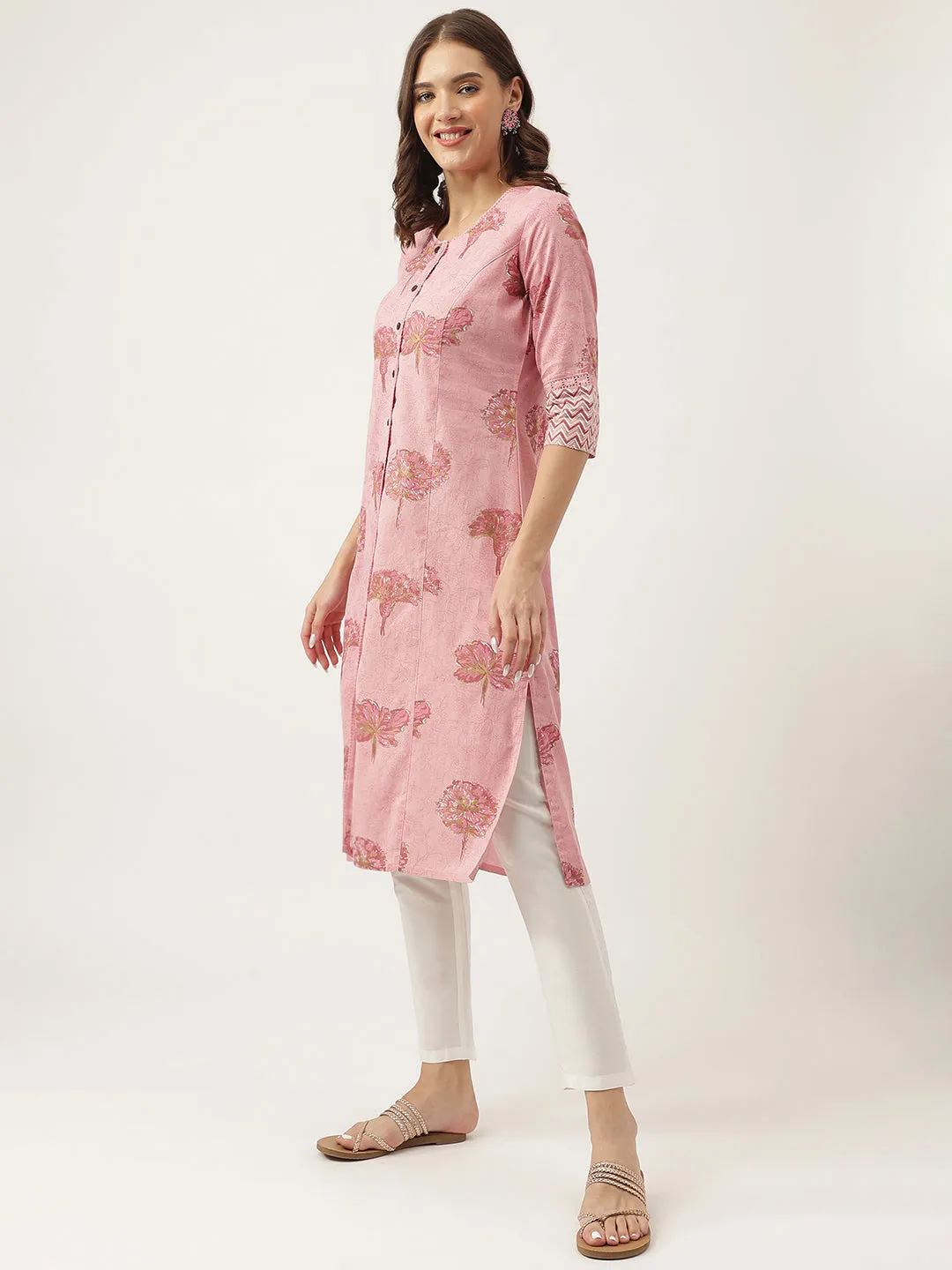 Jashvi Magenta Floral Printed Cotton A-Line Kurta