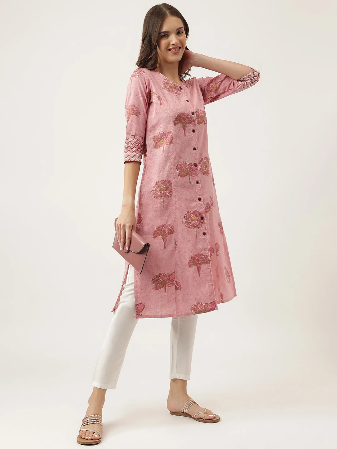 Jashvi Magenta Floral Printed Cotton A-Line Kurta