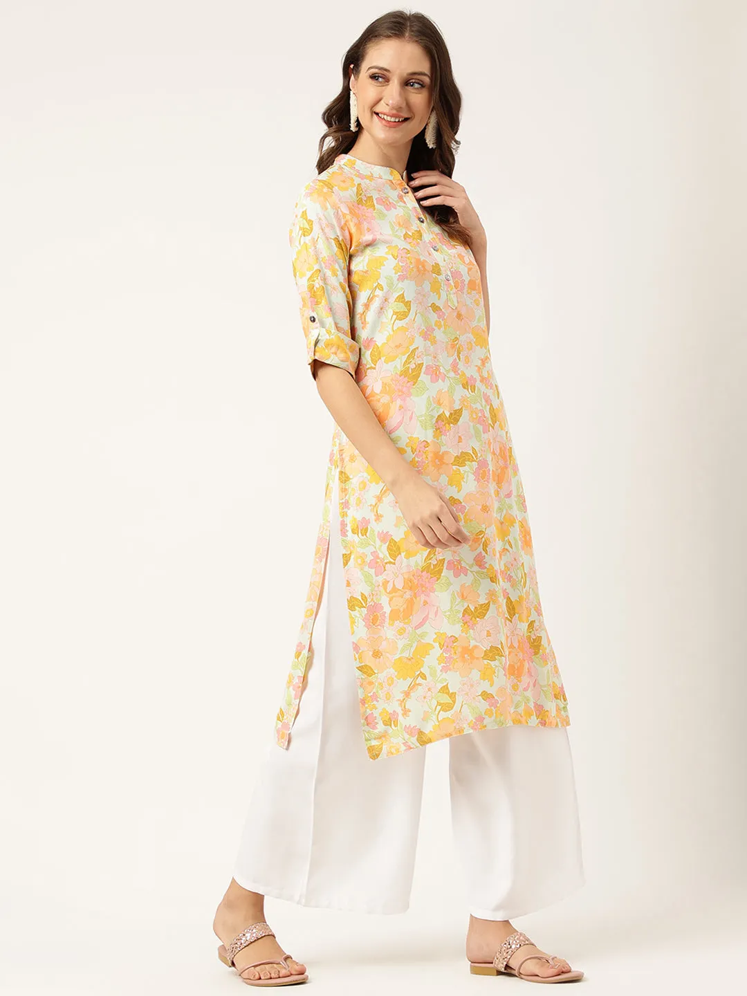 Jashvi Multi Colored Floral Digital Printed Straight Fold Sleeve Kurta