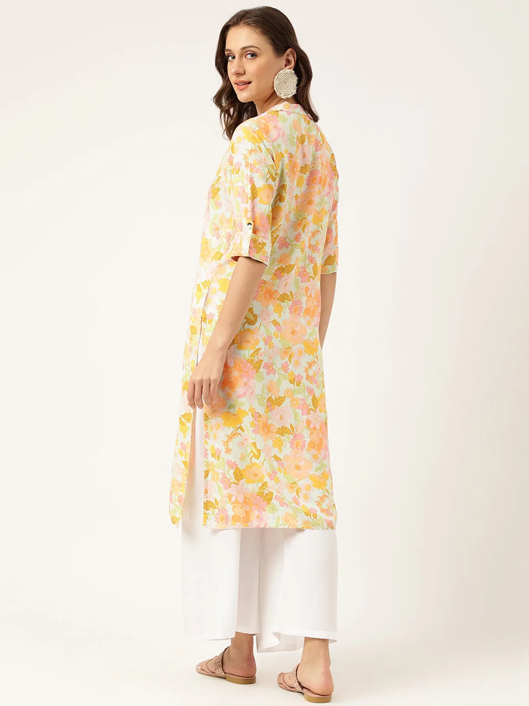 Jashvi Multi Colored Floral Digital Printed Straight Fold Sleeve Kurta