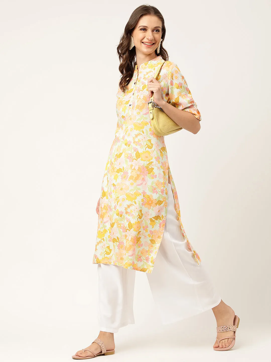 Jashvi Multi Colored Floral Digital Printed Straight Fold Sleeve Kurta