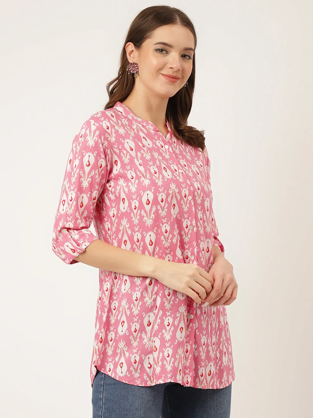 Jashvi Pink Floral Print Rayon Regular Top