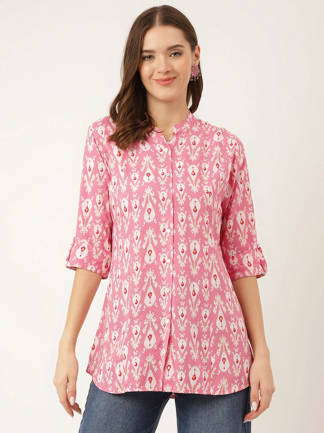 Jashvi Pink Floral Print Rayon Regular Top