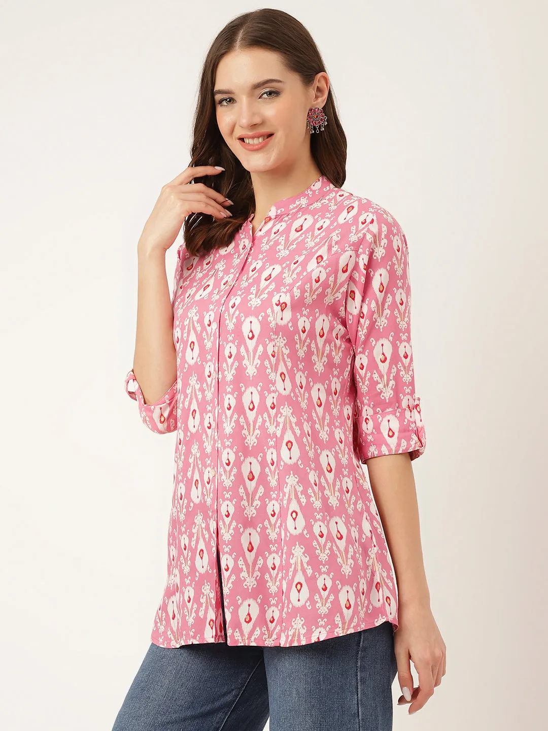 Jashvi Pink Floral Print Rayon Regular Top