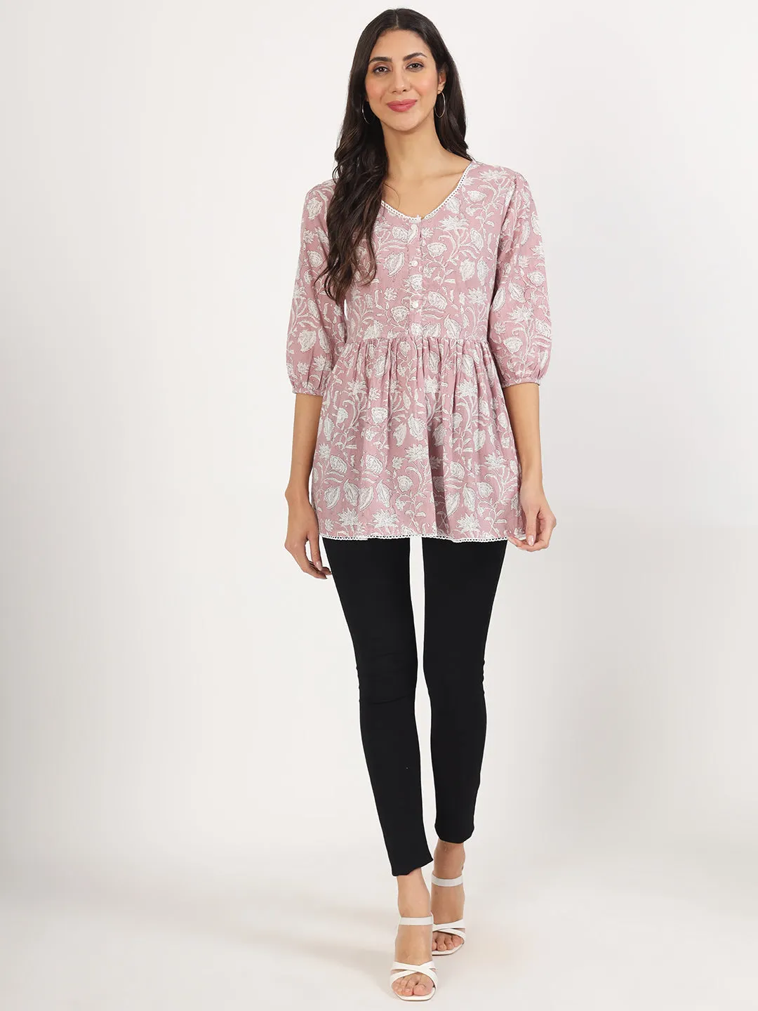 Jashvi Pink Floral Printed Cotton Top