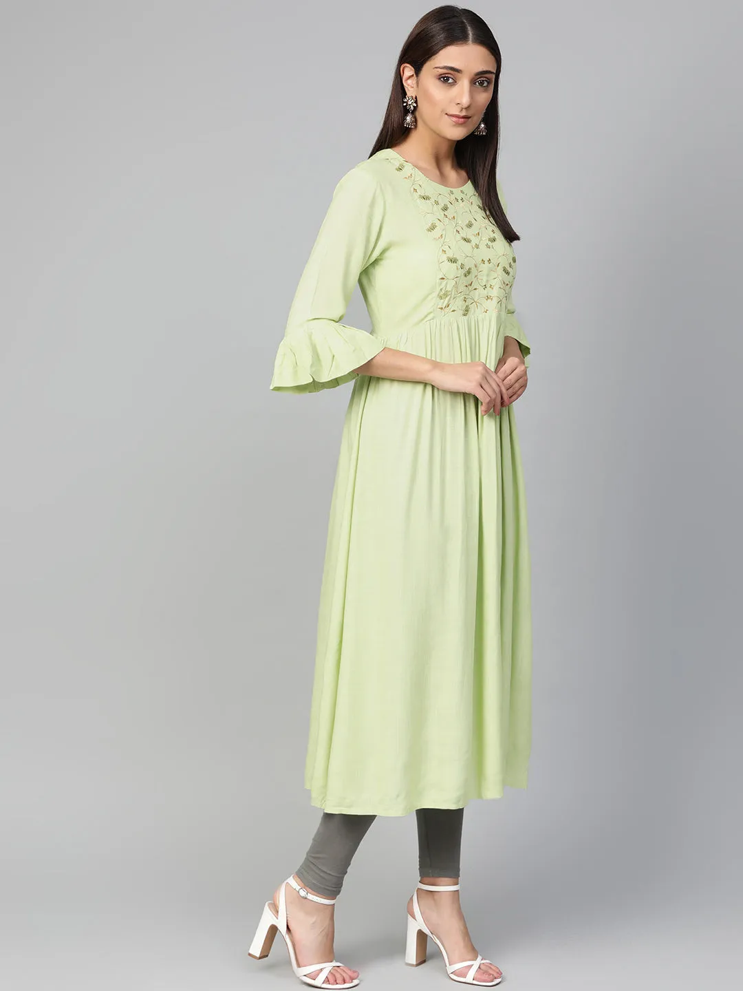 Jashvi Women Green & Golden Yoke Design A-Line Kurta