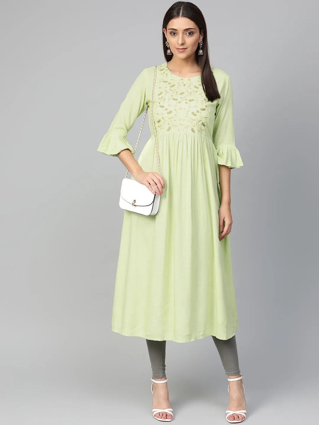 Jashvi Women Green & Golden Yoke Design A-Line Kurta