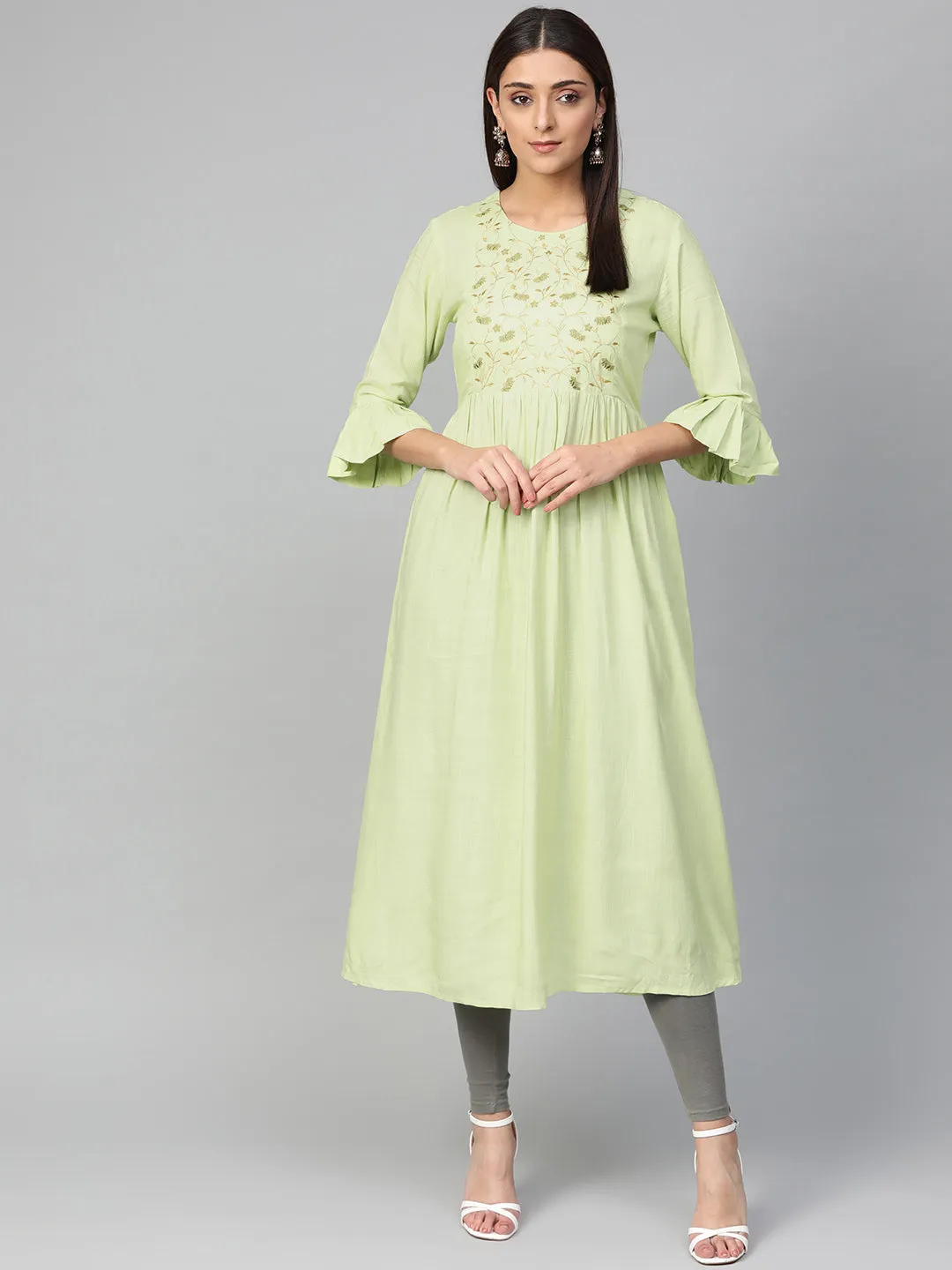 Jashvi Women Green & Golden Yoke Design A-Line Kurta