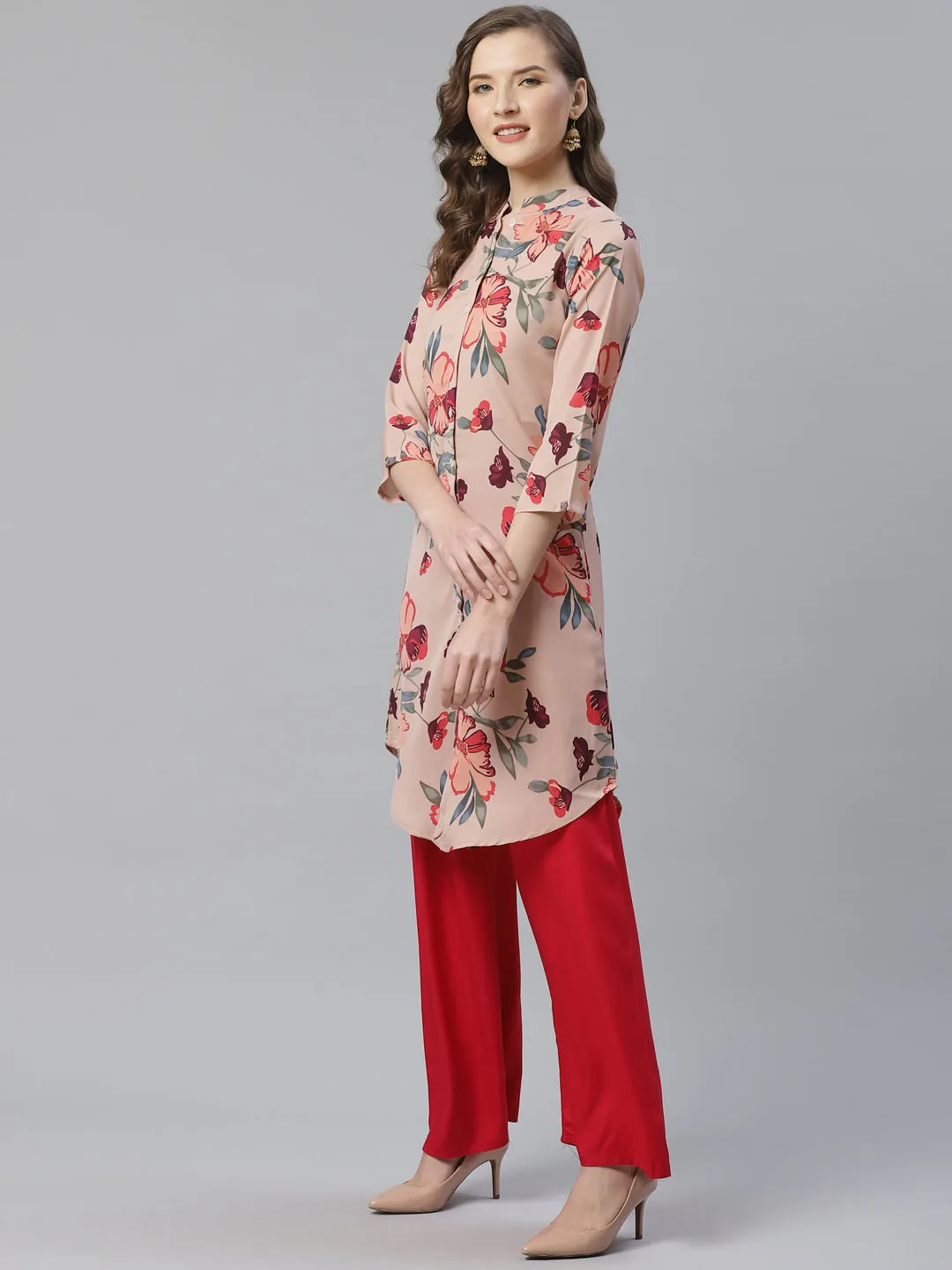 Jashvi Women Peach & Red Printed Summer-cool A-line Kurta