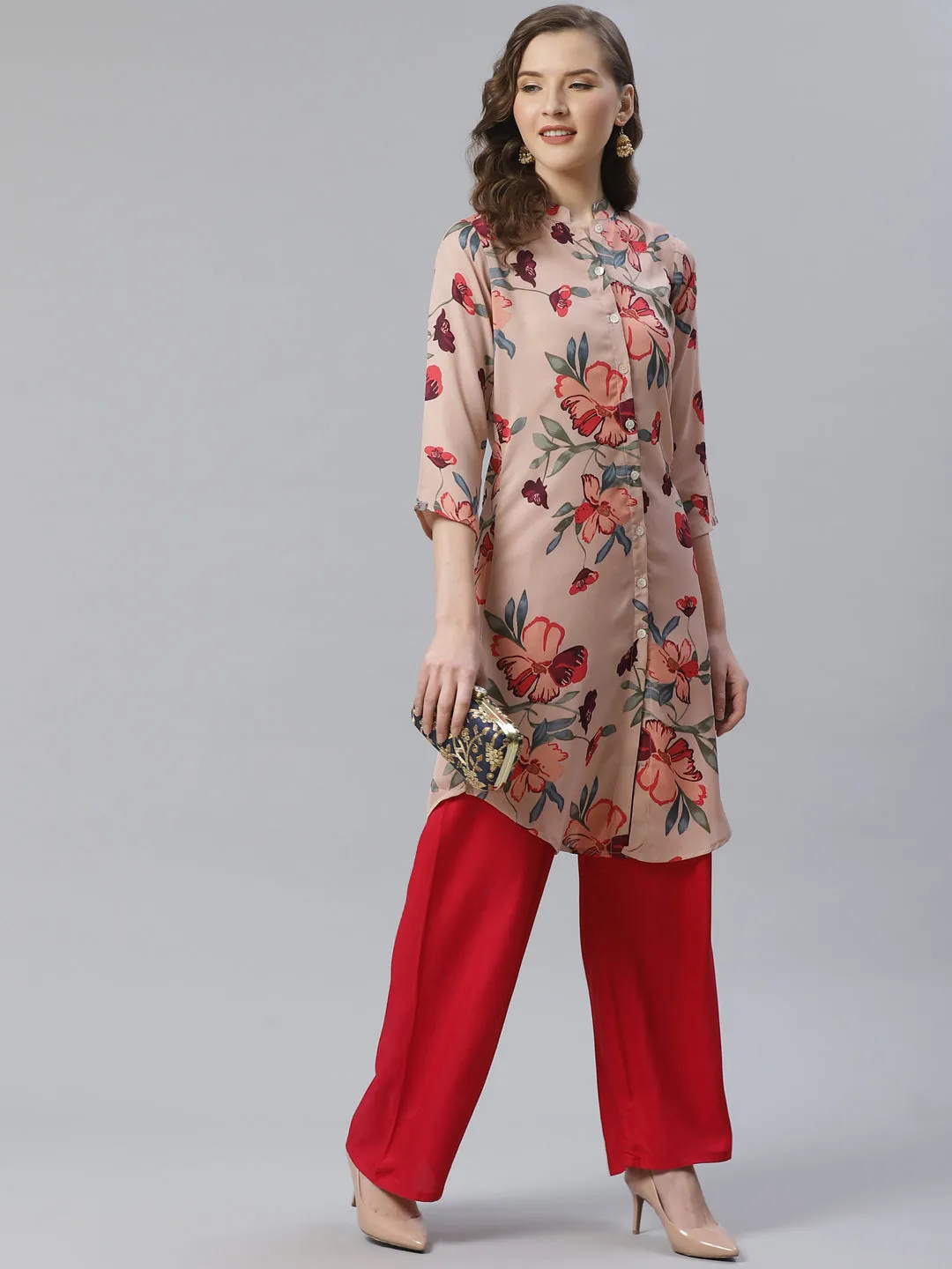 Jashvi Women Peach & Red Printed Summer-cool A-line Kurta