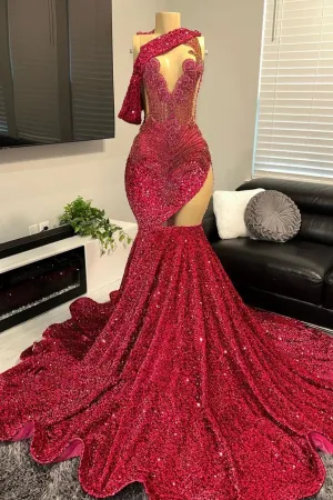 kamahe One shoulder Burgundy Sequin Prom Dresses with cutout