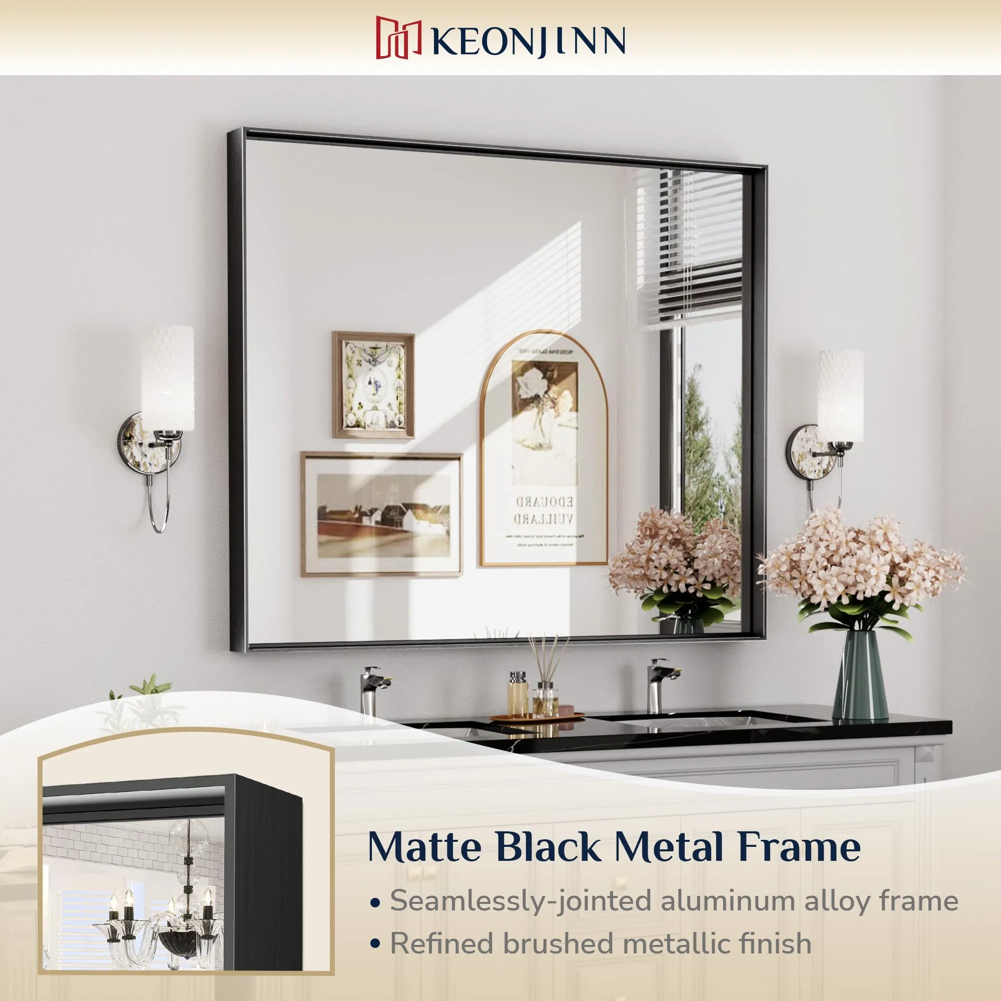 Keonjinn Black Framed Mirror 42 x 36 Inch Bathroom Vanity Mirror for Wall Metal Frame Rectangle Bathroom Mirror Large Farmhouse Mirror Modern Matte Black Mirror for Over Sink(Horizontal/Vertical)