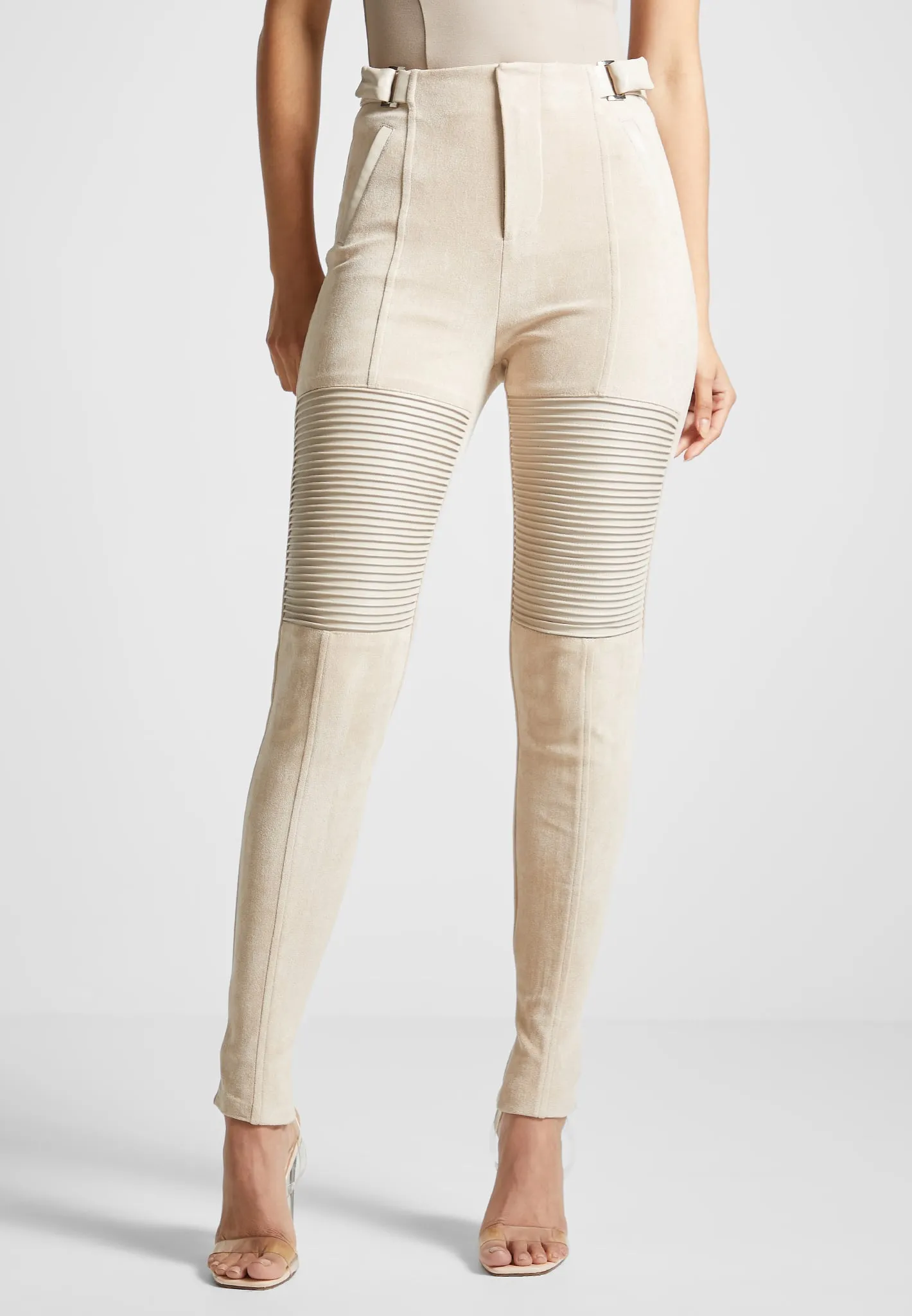 Leather and Suede Ribbed Leggings - Beige