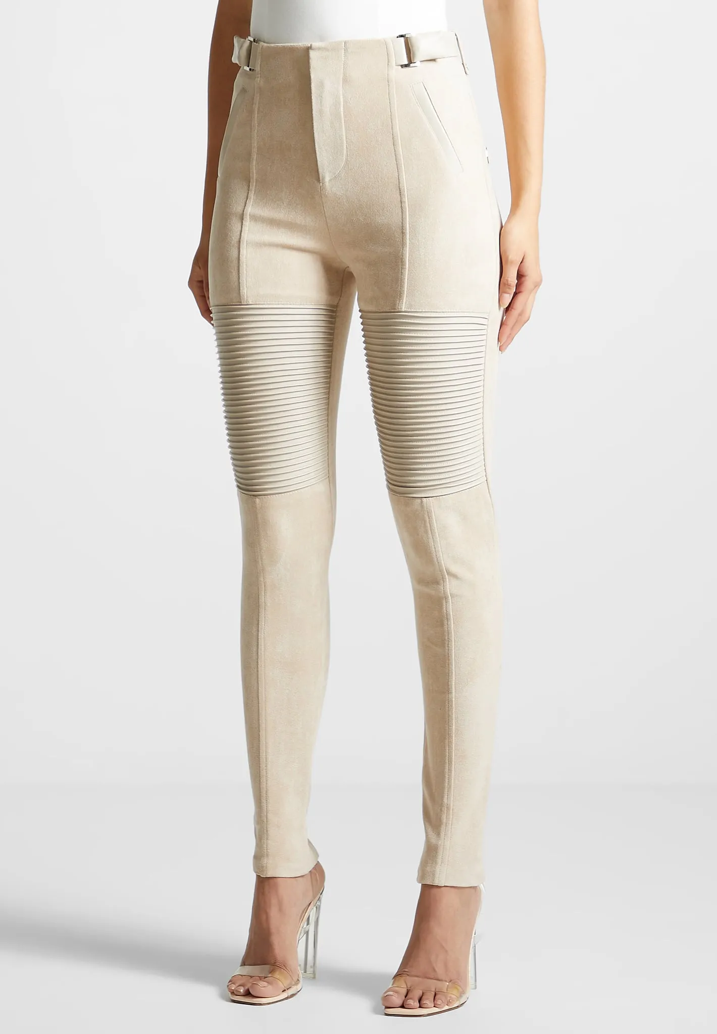 Leather and Suede Ribbed Leggings - Beige