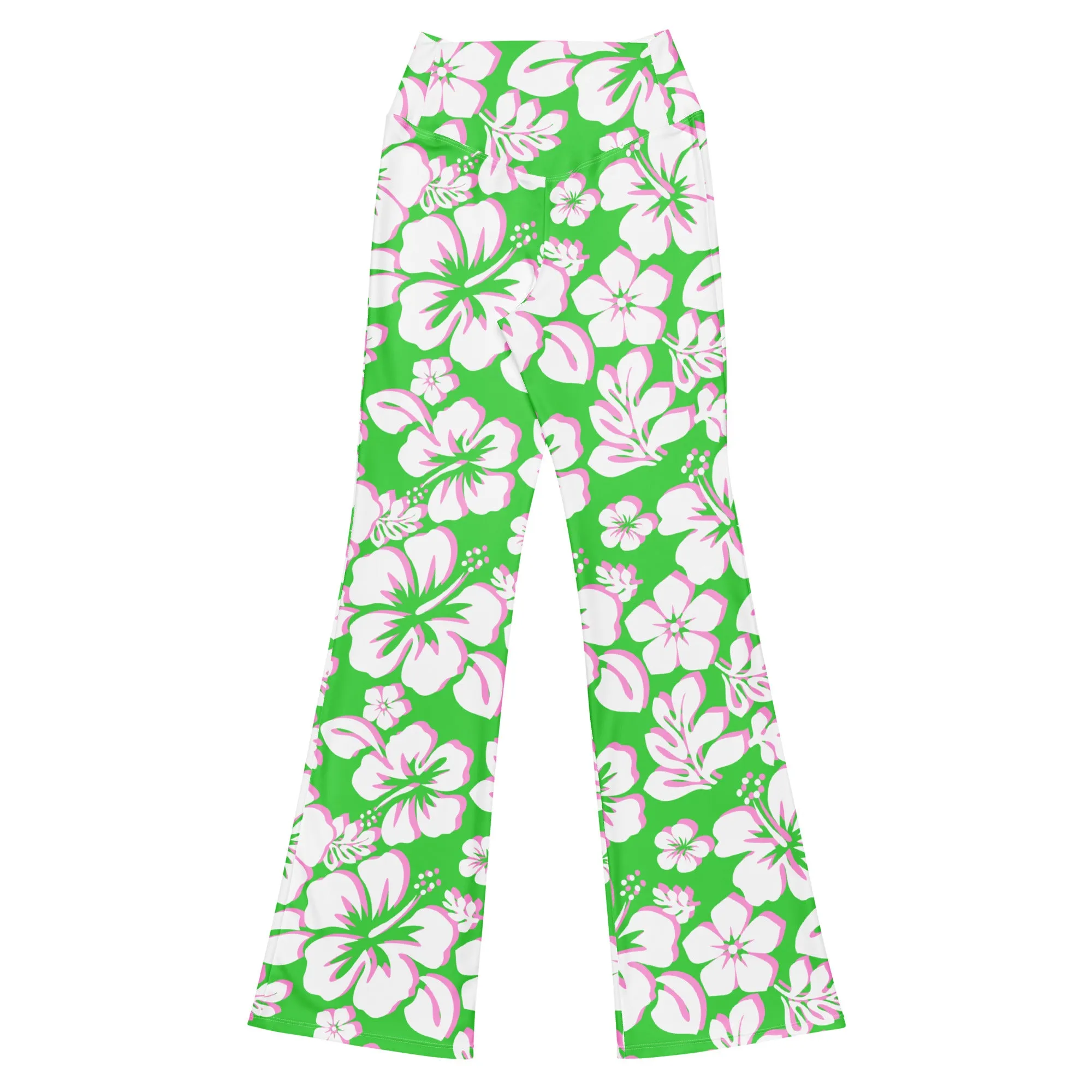 Lime Green, Pink and White Hawaiian Flowers Flare Leggings