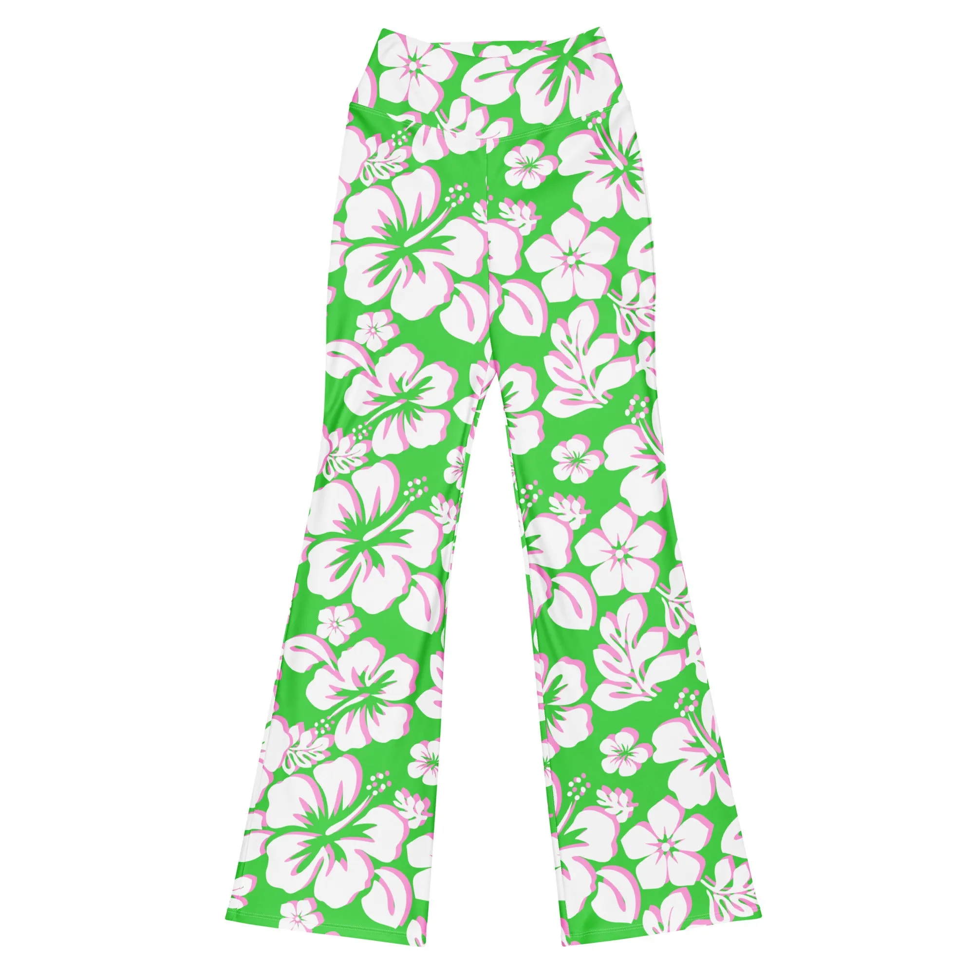 Lime Green, Pink and White Hawaiian Flowers Flare Leggings