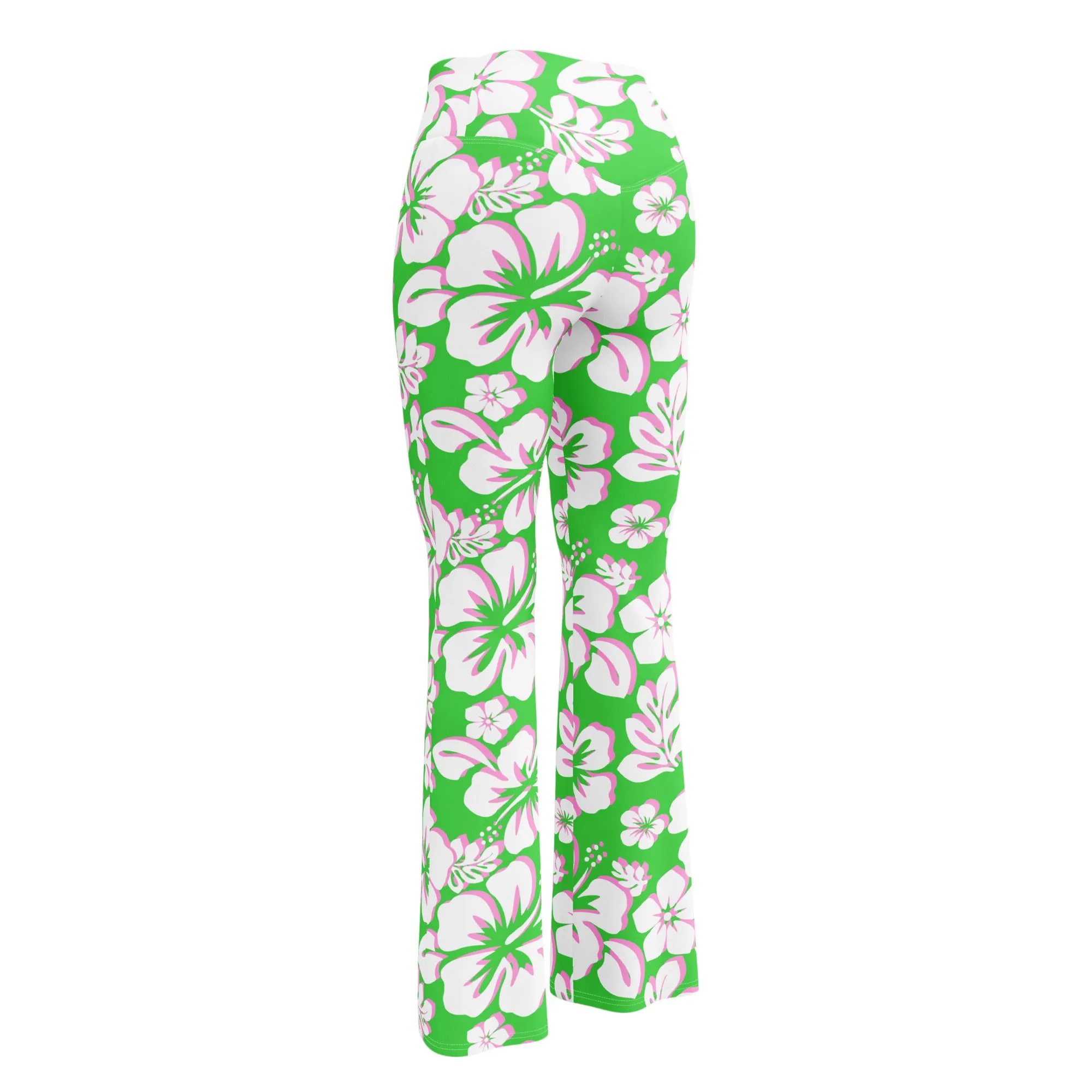 Lime Green, Pink and White Hawaiian Flowers Flare Leggings